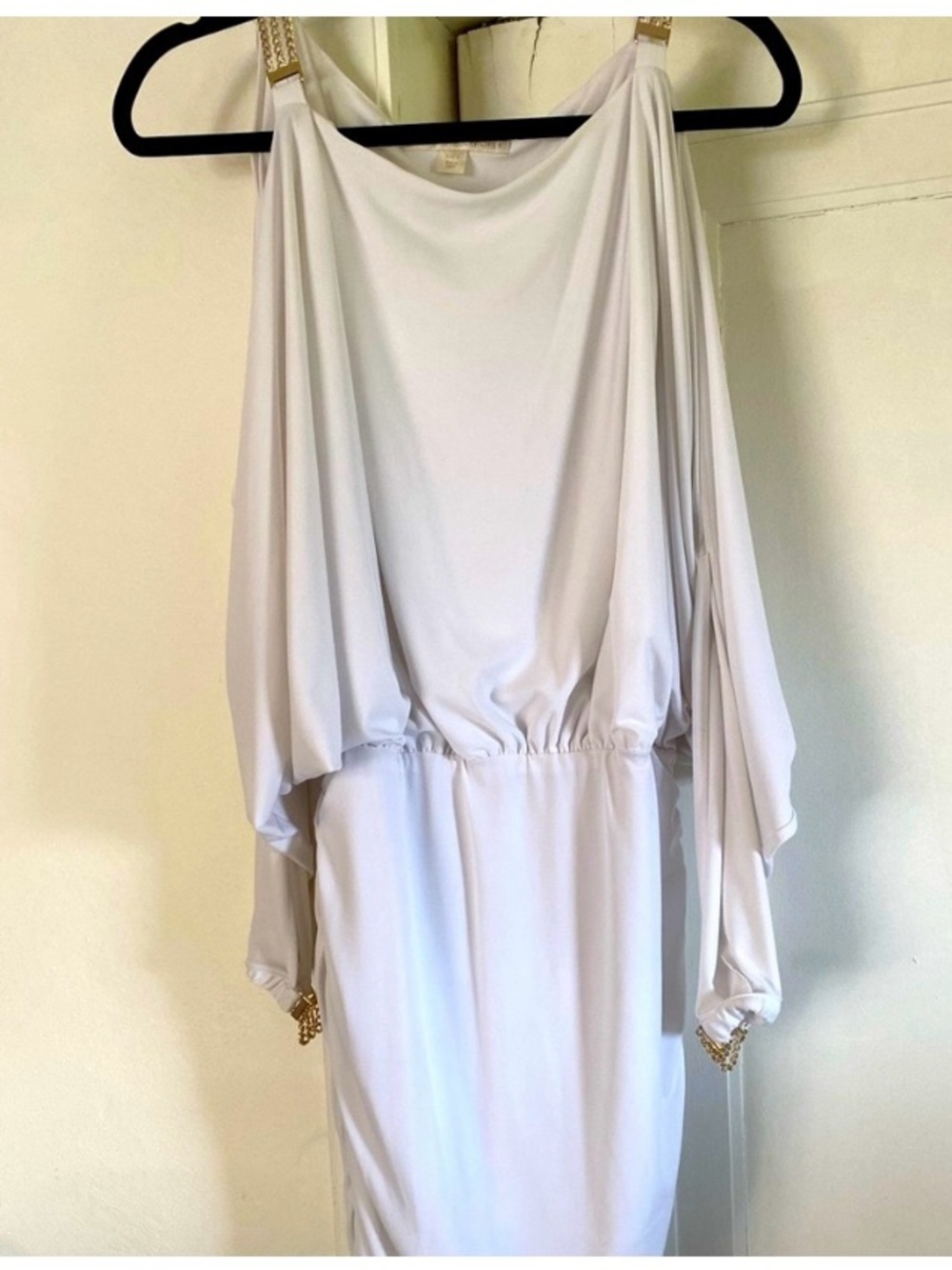 Boston Proper Elegant White Long-Sleeve Draped Cocktail Dress with Gold Trim